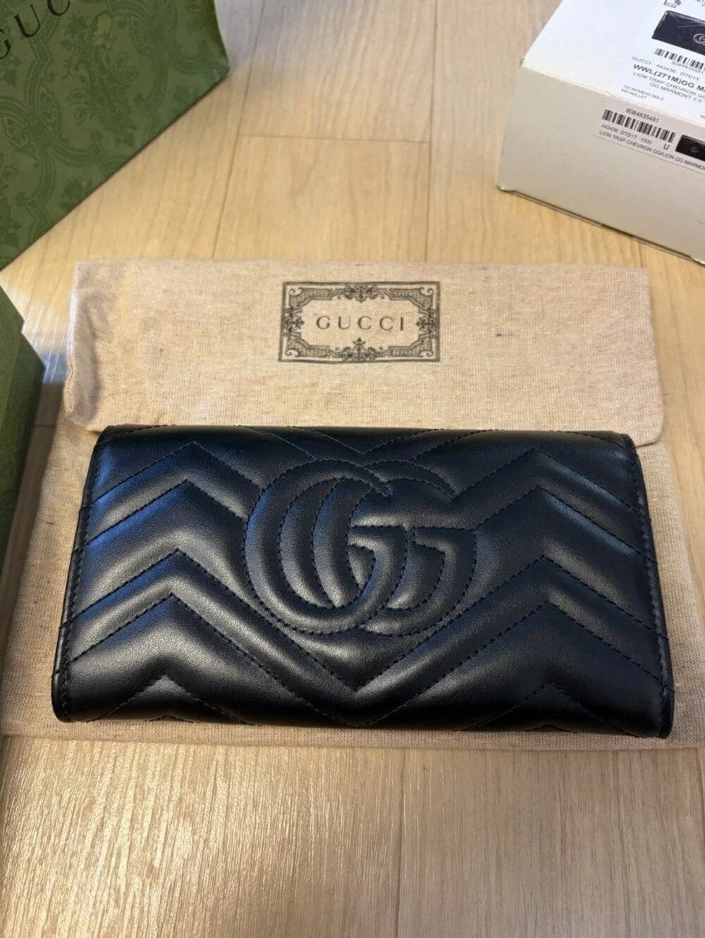 Gucci Black Chevron Quilted Leather Continental Wallet with Gold GG Logo